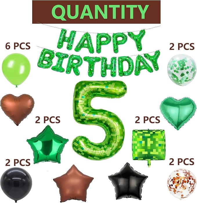 34Pcs Pixel Happy Birthday Party Decorations Set Green Pixel Miner Number 5 Foil Balloon Large Mylar Mining Theme 5th Number Balloons Video Game Party Supplies Cubes Boxes Decor