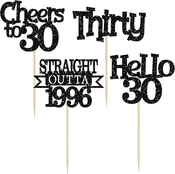 Ephlyn 24Pcs Happy 30th Birthday Cupcake Toppers Glitter Thirty Cupcake Picks Hello 30 Cheers to 30 Years Cake Decorations for 30th Birthday Anniversary Party Decorations Supplies Black
