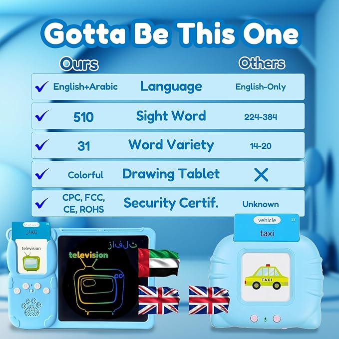 Drawing Tablet with Bilingual Flashcards for Kids - Arabic English Talking Flash Cards, LCD Writing Pad Board, Pocket Speech for Toddlers, Learning Toy Gift for Boys Girls (Arabic, Blue)