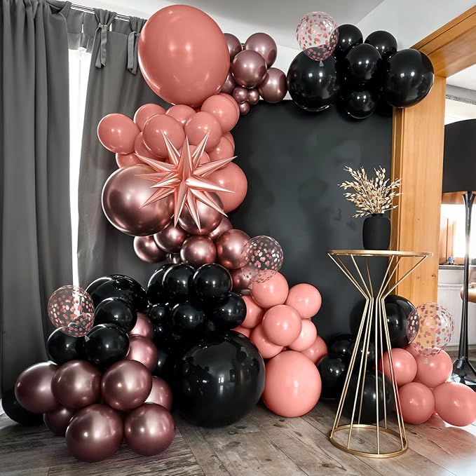 Rose Gold Black Balloons Garland Kit, 120Pcs Metallic Rose Gold Black Confetti Balloons Arch with 4D Star Foil Balloons for Wedding, Birthday, Graduation, Baby Shower Party Decoration