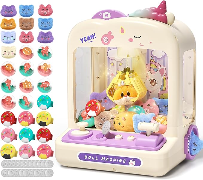 55 PCS Claw Machine for Kids, Vending Machine with Lights Sound, Electronic Prize Dispenser for Kids Girls, Claw Toys Game Gifts for 4 5 6 7 8 Years Old Girls Boys