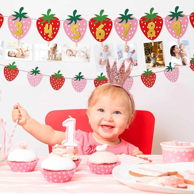 Strawberry First Birthday Party Decoration Berry 1st Monthly Photo Banner Milestone Photograph Bunting Garland for Baby Girl 12 Months Photo Display Baby Shower Berry Party Decorations Supplies
