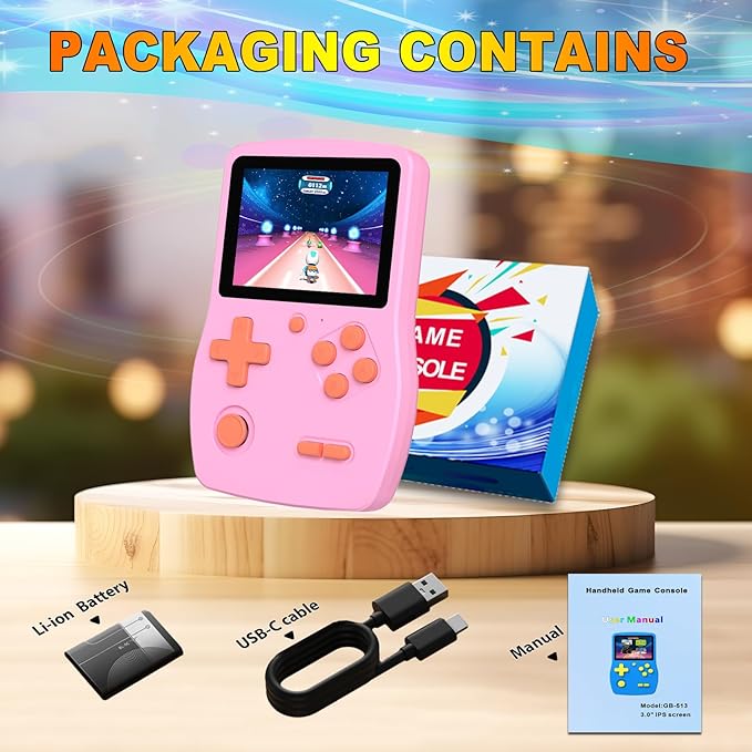32 Bit Handheld Game for Kids Preloaded 139 Retro Video Games, 3.0'' IPS Screen and Rechargeable Battery Portable Gaming System, Mini Travel Electronic Toy Gifts for Boys Girls (Pink)