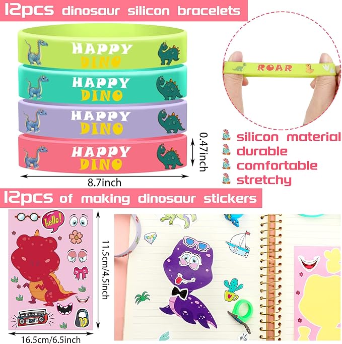 122 Pcs Dinosaur Party Supplies Pink Dinosaur Birthday Party Favors Dino Goodie Bags Make a Dino Sticker Mini Glow in Dark Toy Badge Bracelet Ring for Christmas Favor Treat Bag Stocking Stuffer