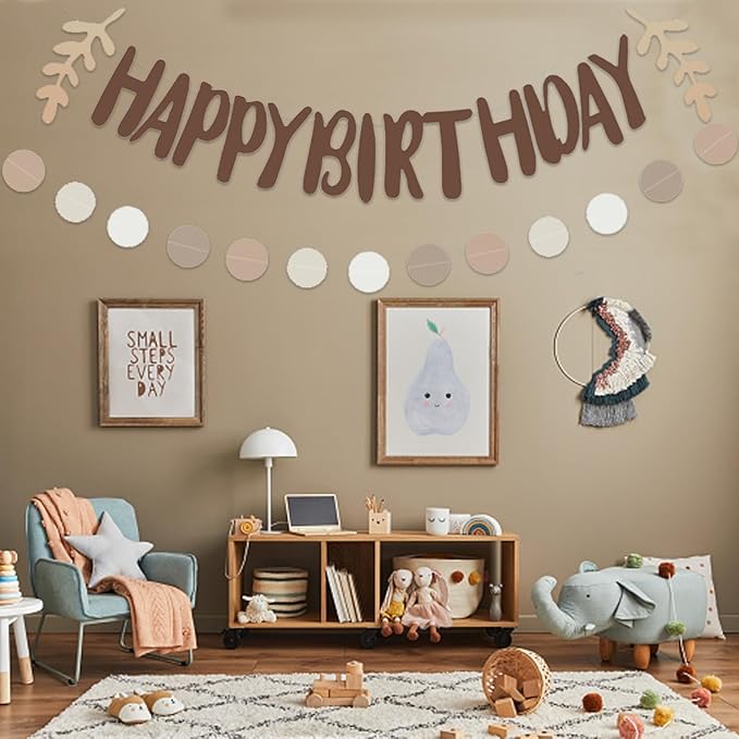 Zwiebeco Coffee Brown Happy Birthday Party Decoration Banner Apricot Leaf Morandi Color Circle Dot Hanging Paper Bunting Sign for Kids Adults Retro Theme Accessories Supplies
