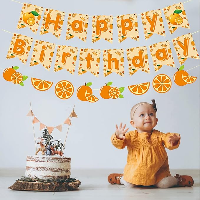 Zwiebeco Orange Happy Birthday Party Decorations Sign Banner Bunting Garland Hanging Paper Kit for Girl Women Kid Adult Summer Fruit Themed Accessories Supplies
