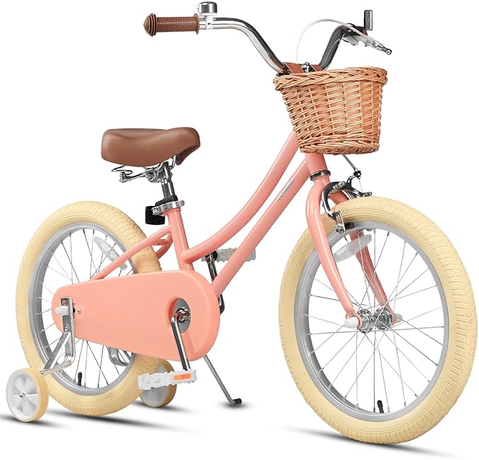 Petimini Vintage Kids Bike for Girls, 12–20 Inch Classic Bicycle with Wicker Basket & Bell, High Tensile Steel Frame, Training Wheels (12–18”), 85% Pre-Assembled, Retro Bike for Outdoor Riding
