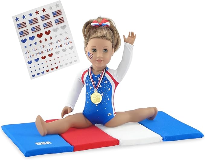 Emily Rose 18" Doll Gymnastics Outfit 5-Piece Set - Bejeweled Athletic Gymnast Leotard, Medal, Hair Bow, Mat, & Reuseable Stickers | American Girl Compatible | Trusted USA Brand | NO Doll