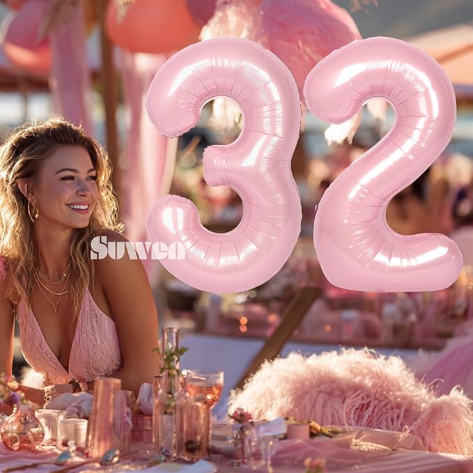 SUWEN 40 Inch Large Pink 32 Balloon Numbers Big Foil Helium Number Balloons 0-9 Jumbo Happy 32nd Mylar Birthday Party Decorations for Women 23 Anniversary Party Supplies