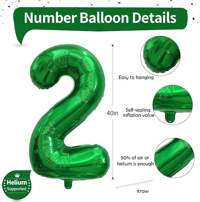 40 Inch 2nd Birthday Number Balloon, Dark Green Foil Self Inflating Balloons, Big Emerald Green Number Balloons 0-9 Set for Women Boys Birthday Party Baby Shower Anniversary Jungle Decoration Supplies