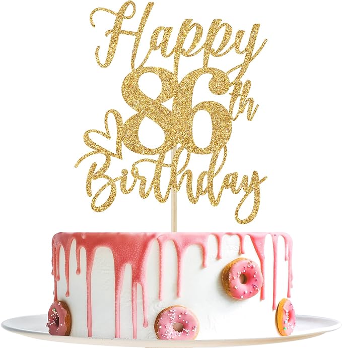 Happy 86th Birthday Cake Topper, 86th Birthday Decorations for Men/Women, Cheers to 86 Years, Hello 86, 86th Happy Birthday Party Supplies Gold Glitter