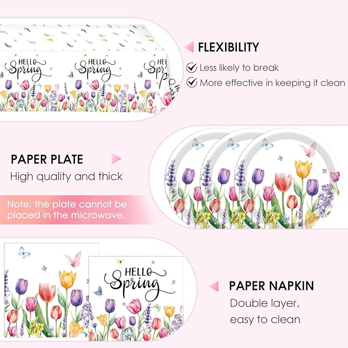 41Pcs Flower Party Decorations Tableware Set, Tulip Spring Floral Paper Plates Napkins and Tablecloth Disposable Party Supplies for Spring Summer Picnic Wedding Tea Party Mother's Day, Serve 24 Guests