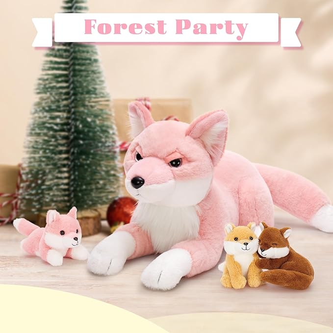 4Pcs Fox Stuffed Animal Set, Large Mommy Pink Fox Plush 22 Inch with 3 Baby Foxes in Her Zippered Tummy, Stuffed Fox Plushie Toy for Girls and Kids