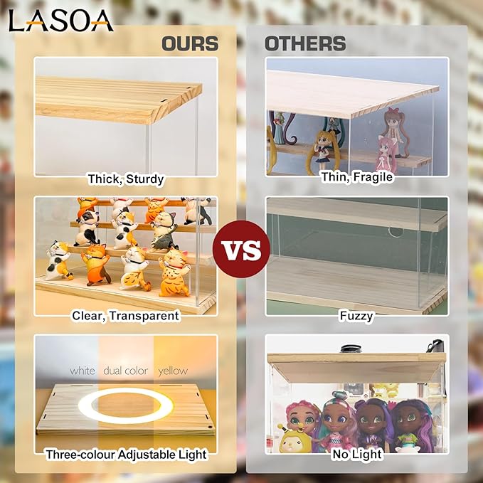 LASOA Acrylic Display Case with Adjustable LED Lights, 3 Tier Clear Display Box for Action Figures and Collectibles, Self-Assembly Showcase with Wooden Base for Miniatures, 11.8x6.5x9.4inch