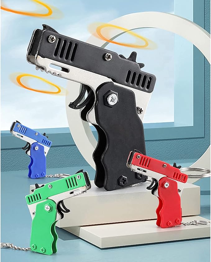 Kids Toys Cool Keychain Rubber Band Mini Metal Folding Rubber Launcher Toy with 60 Elastic Rubber Bands for Game Outdoor Activities (red)