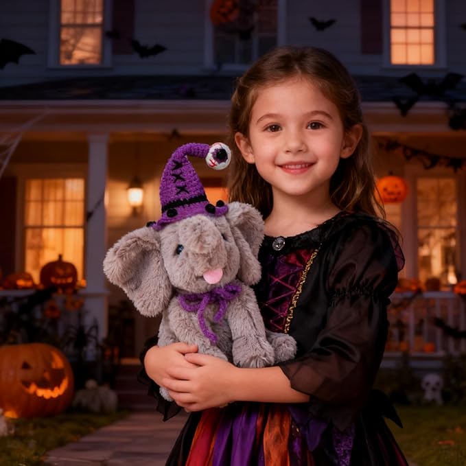 Hopearl Adorable Halloween Plush Calf Elephant Toy with Knitted Witch Hat Floppy Elephish Ultra Soft Stuffed Animal for Boys Girls Kids Toddlers, Gray, 10''