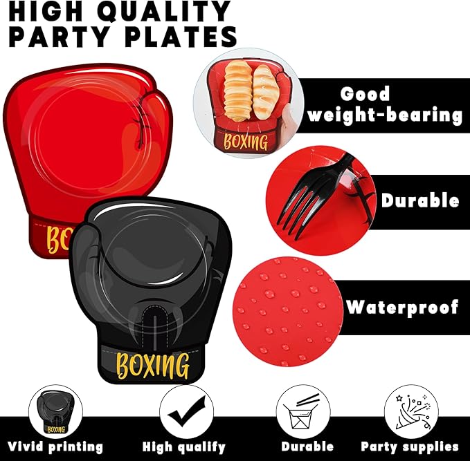 48PCS Boxing Birthday Party Supplies Red Black Boxer Gloves Plates Wrestling Tableware Set Boxing Disposable Dinner Dessert Dinnerware for Men Kid Adult Sports Birthday Party Decorations