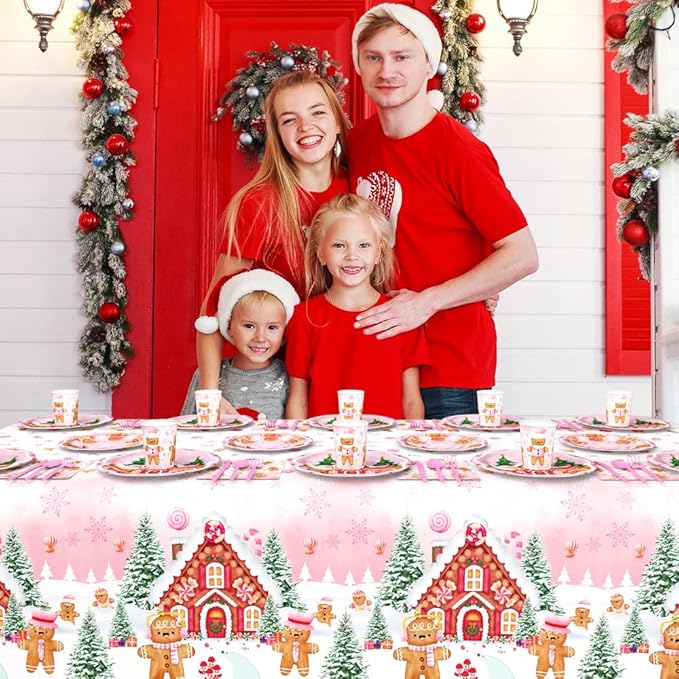 194 Pcs Christmas Party Supplies Decorations Pink Gingerbread Party Decorations Gingerbread House Cookie Christmas Disposable Tableware Set with Plates Napkins and Tablecloth Serves 24 Guests