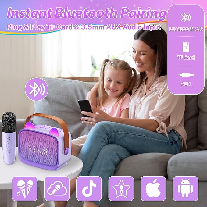 Mini Karaoke Machine for Kids Adults (2025 Upgraded), Portable Bluetooth Speaker with 2 Wireless Mics, Built-in Phone Holder and Emoji Animation, Birthday Gift for Boys Girls 3-12 Home Karaoke Party