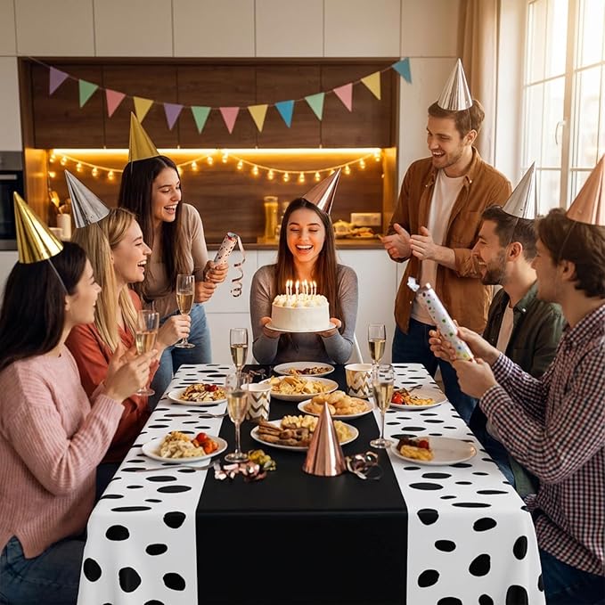 Irenare 6 Pcs Dalmatian Tablecloth Polka Dot Tablecloth Printed Table Runner Waterproof Disposable Art Table Cover for Birthday Wedding Picnic Tea Party Decoration, 54" x 108"(Black)