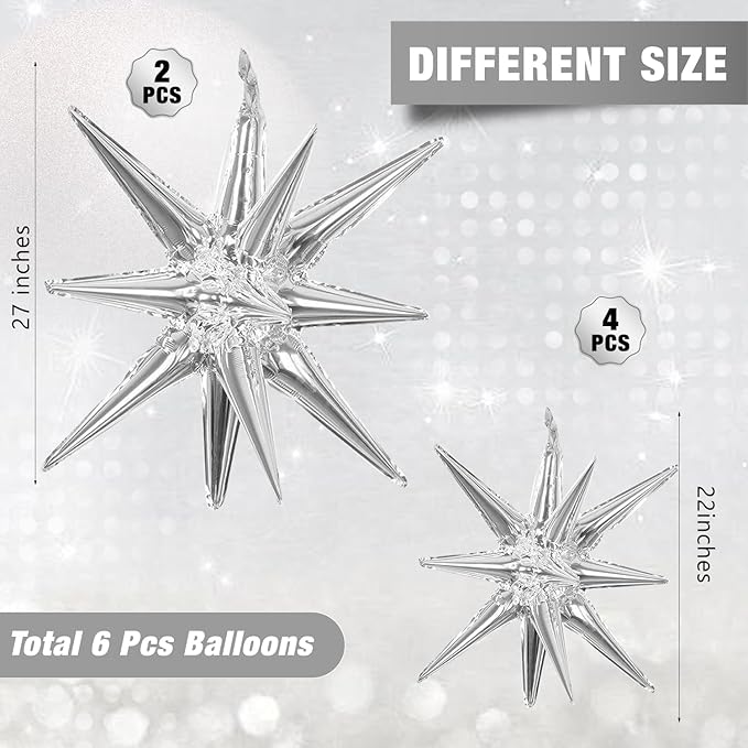 6 Pcs Silver Star Foil Balloons One-Piece 14-Pointed Star Balloon 4D Starburst Cone Mylar Balloon 22inch Christmas Birthday Wedding Wedding Anniversary Party Supplies (22&27 Inches Silver)