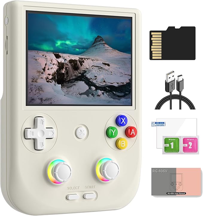 RG406V Android 13 Handheld Game Console 4" HD IPS 8GB RAM NO Card Storage RGB Lighting Player 5500mAh Battery Multi-Format Game Support White