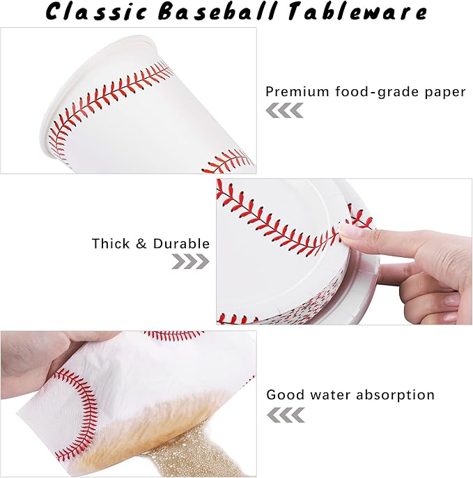 durony 144 Pieces Baseball Paper Plates and Napkins Dinnerware Set Baseball Birthday Party Tableware Supplies Includes Paper Plates Napkins Forks Serve 24 for Sports Baseballs Party Supplies