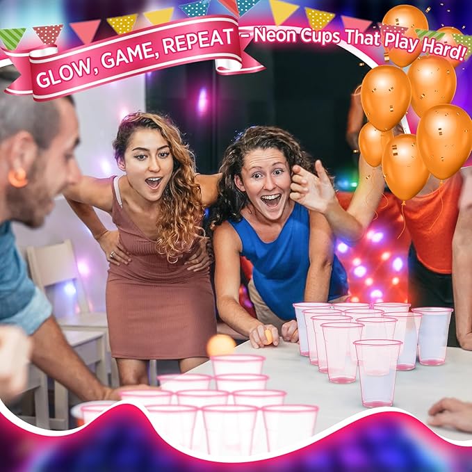 LemonRoad 50 Pack Blacklight Party Glow Cups 16 oz Plastic Neon Cups Disposable Glow in the Dark for Parties Birthdays 80s Themed Events(Pink)