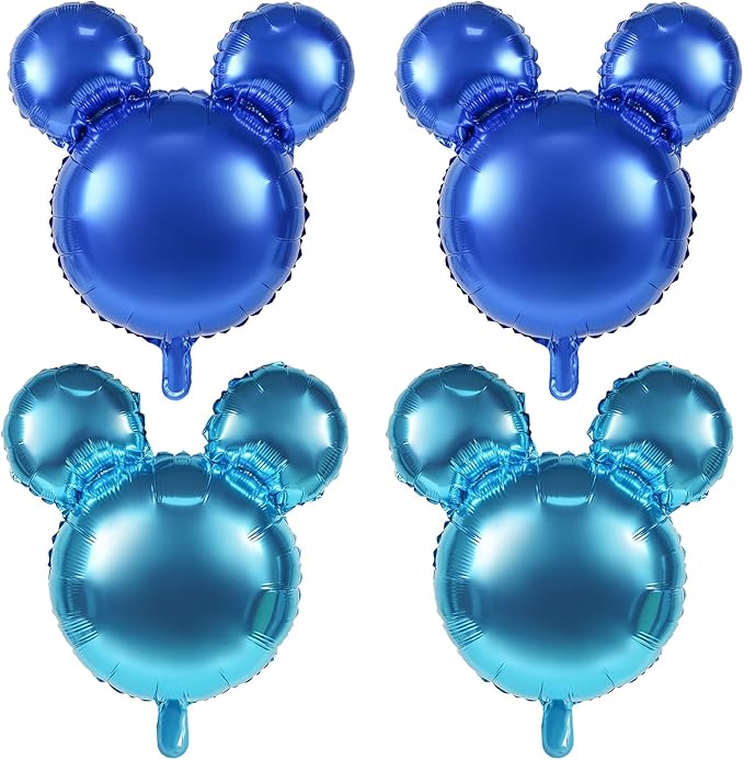 4 Pcs Mouse Head Foil Balloons, 24'' Mouse Mylar Balloon for Birthday Party Decorations Jumbo Mouse Head Aluminum Foil Balloons Party Favors Supplies (Blue)