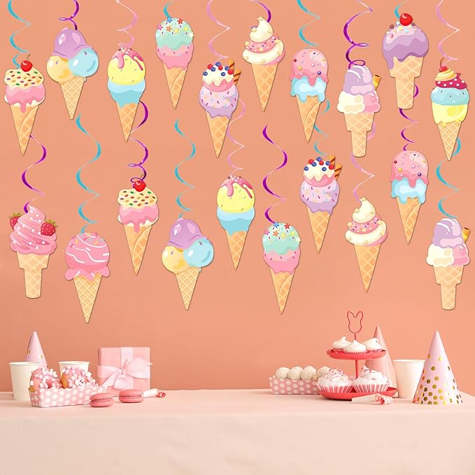 Chunnin 58Pcs Ice Cream Party Hanging Swirls Ice Cream Birthday Party Decoration Summer Creams Theme Ceiling Streamers Colorful Swirl Dessert Cone Streamers for Christmas Holidays Baby Shower Supplies