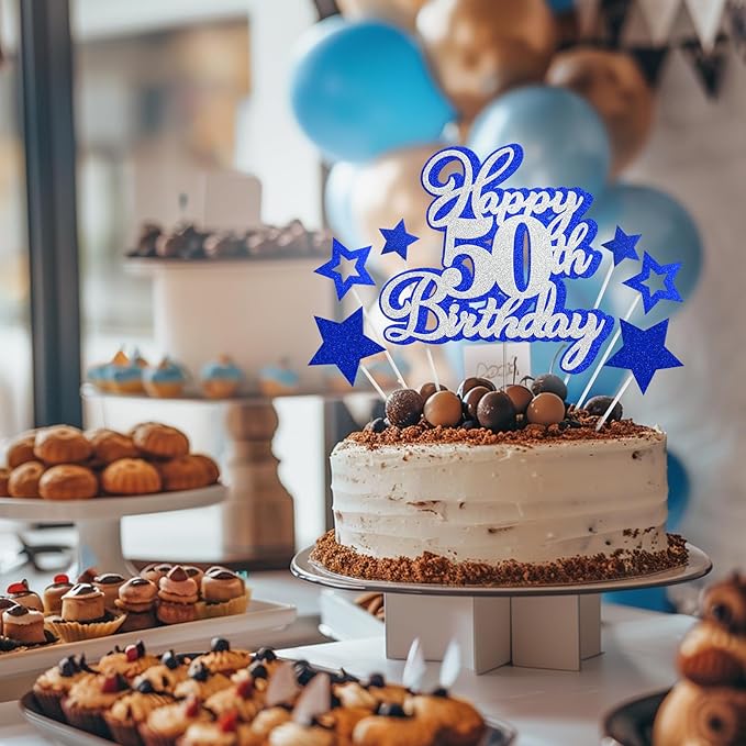 Happy 50th Birthday Cake Topper 50 Birthday Cake Decorations, Happy 50th Birthday Anniversary Party Cake Decorations for Men Women, Blue Silver Glitter