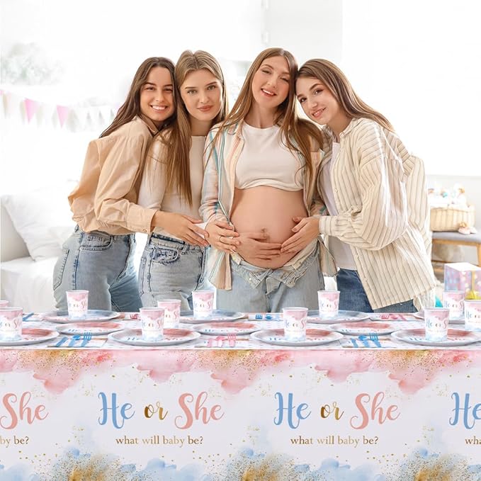 194 PCS Gender Reveal Decorations Gender Reveal Paper Plates Cups and Napkins Sets He or She Baby Shower Party Supplies Pink and Blue Disposable Tableware Set with Tablecloth Serves 24 Guests