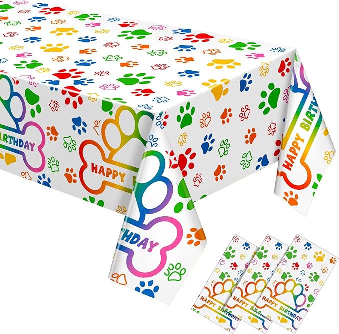 Newwiee 3 Pcs Paw Print Tablecloth Plastic Disposable Colorful Table Cover Puppy Dog Table Cloth Paw Print Party Supplies for Dog Pet Themed Party Decorations Supplies Favors, 51 x 108'' (Colorful)