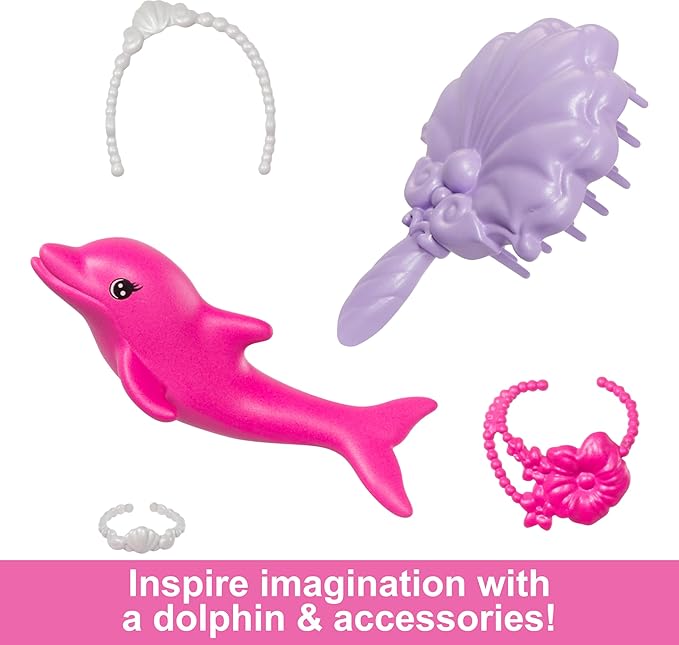 Barbie Mermaid Doll, “Malibu” with Pink Hair, Styling Accessories, Pet Dolphin and Water-Activated Color Change Feature (Amazon Exclusive)
