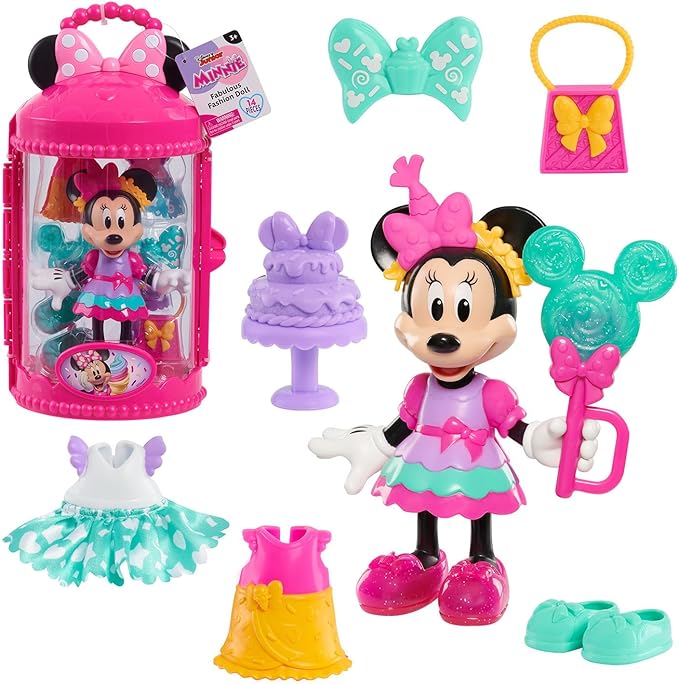 Disney Jr Minnie Mouse Fabulous Fashion 14-Piece Sweet Party Doll and Accessories, Kids Toys for Ages 3 Up by Just Play