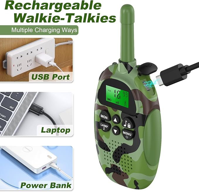 Walkie Talkies for Kids Adult, 2 Pack Rechargeable Kids Walkies Talkies, 3km Long Range, 22 Channels, Kid Birthday Gift for 3-12 Year Old Boys Girls for Outdoor Adventures, Hiking, Camo