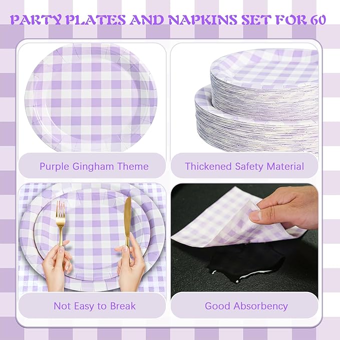 180Pcs Purple Gingham Party Supplies Paper Plates and Napkins Serve 60 Disposable Tableware Set for Birthday Party Decorations Game Day Family Holiday Sports Events