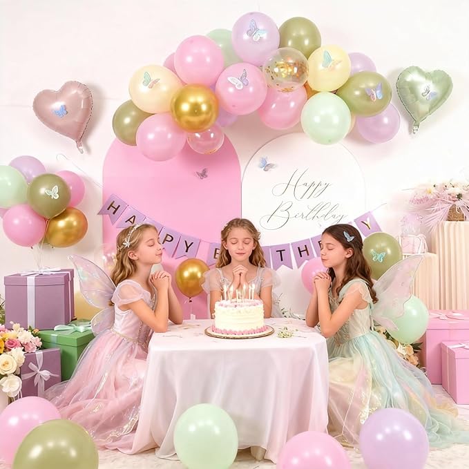 Fairy Birthday Decorations for Women Girls,Fairy Themed Party Decorations Sage Green Purple Pink Yellow Balloons Happy Birthday Banner Girls Butterfly Birthday Decor Spring Tea Party Supplies