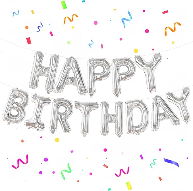 KatchOn, Silver Happy Birthday Banner Balloons Letter - 16 Inch | 3D Silver Mylar Foil Letters Balloons with Ribbon | Happy Birthday Decorations for Women Men Party Supplies