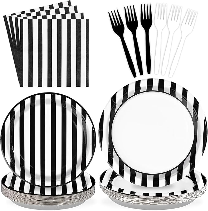 Grencian 96Pcs Black and White Striped Party Decorations Black and White Striped Party Plates Disposable 350GSM Striped Paper Tableware Set for Birthday Wedding Halloween Party, Serves 24