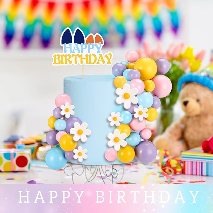 63 Pcs Blue Dog Cake Toppers with Balls Cake Picks and Daisy Flowers for Birthday Decoration Groovy Pastel Cupcake Inserts Hippie Wedding Party Supplies(Happy Birthday)