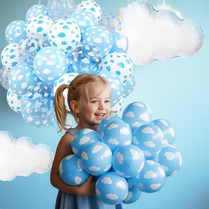 Cloud Balloons, 12 Inch White Blue Transparent Clouds Printed Latex Balloons with Cloud Foil Balloons for Sky Theme Birthday Party Baby Shower Wedding Decorations