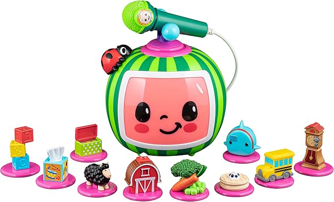eKids Cocomelon Toy Karaoke Machine for Kids with Microphone and Musical Activators, Includes Night Light with Sleep Sounds and Lullabies for Toddlers, Green