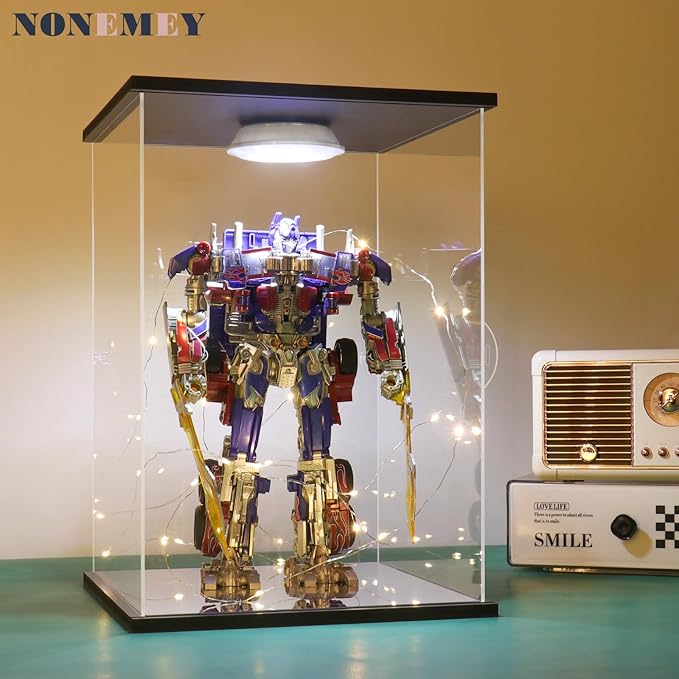 NONEMEY Clear Acrylic Display Case with Remote Control Light for Collectibles, Dustproof Model Showcase Organizer Box, Display Case for Collectibles (7.8x7.8x9.8inch,20x20x25cm)