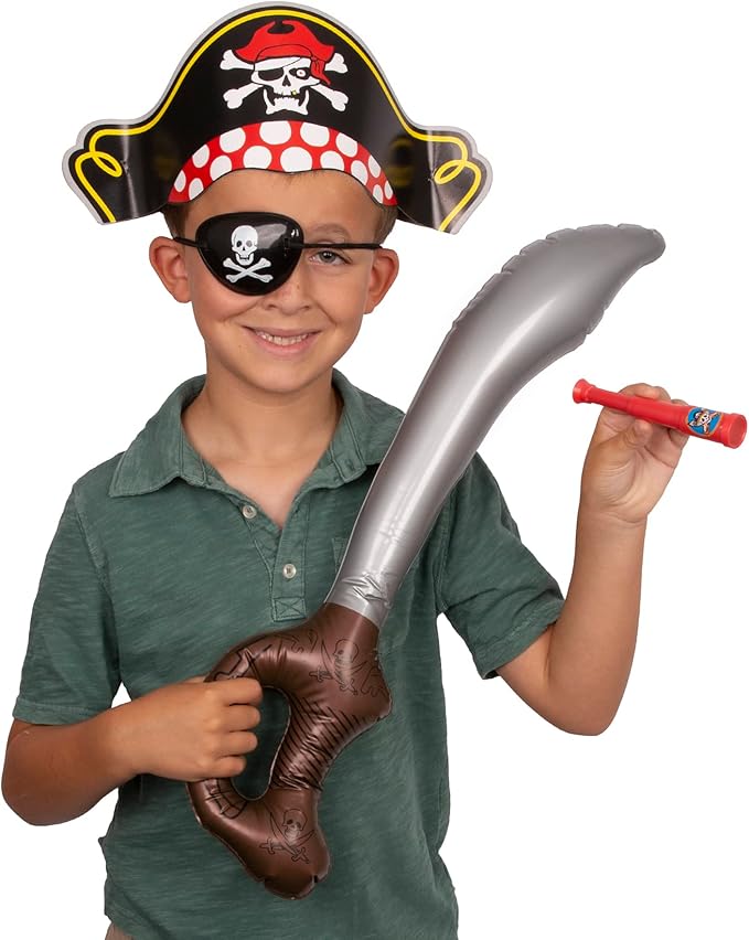 Funny Pirate Party Hats 48 PC Set – Pirate BirthdayParty Favors for Kids - 12 Pirate Hats, 12 Patches, 12 Swords, 12 Telescopes