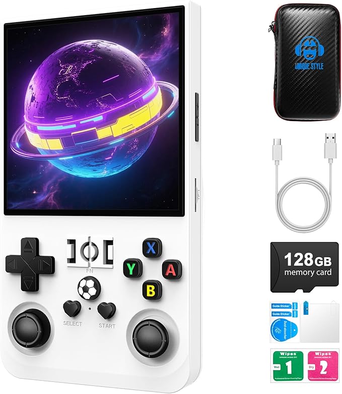 R36MAX Retro Handheld Game Console,128GB Open Source System Support 30+ Emulator Console,4.0 Inch IPS Screen Retro Gaming Console,4000mAh Battery,Portable Video Game Console for Christmas (White)