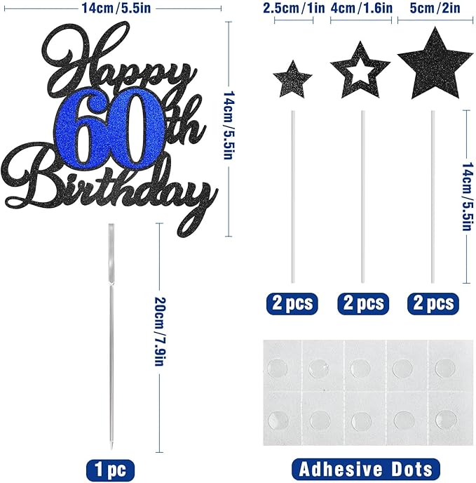 Happy 60th Birthday Cake Toppers, Black Blue Glitter Cake Decorations Set, 60th Birthday Decor, Birthday Anniversary Party Decorations Supplies