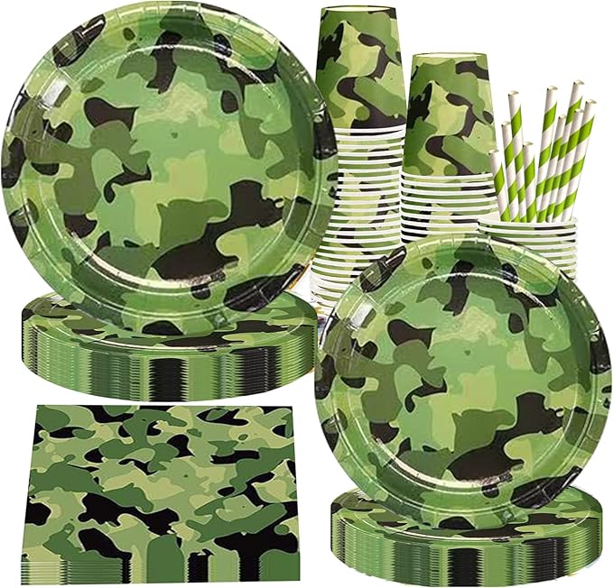 Camouflage Party Supplies Tableware Set Including Camouflage Paper Plates Cups Napkins Straws Serves 16 for Birthday Baby Shower Party