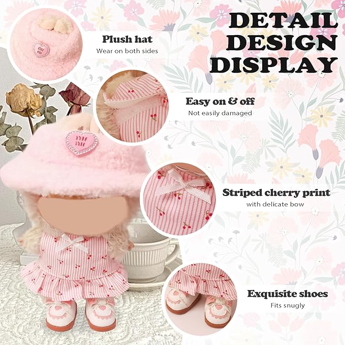 Clothes Compatible with LABUBU Doll – 3PCS Pastoral Style Set, 17cm Doll Clothes Designer Outfit for Sweet Camping Theme, Chic Stylish Accessories for Labubu, No Doll (Cherry Picnic Dress) ﻿