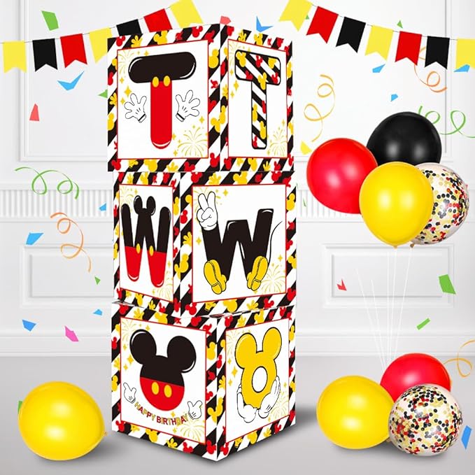 TONIFUL Mouse 2nd B-Day Party Supplies Red Yellow Black Balloon Box with Letters, Red Mouse Theme TWO Years Old Birthday Party Favors for Second Birthday Decoration